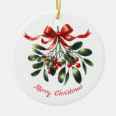 Waterverf sierlijke maretak met rood lint keramisch ornament (Voorkant)
