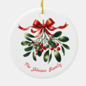 Waterverf sierlijke maretak met rood lint keramisch ornament (Achterkant)