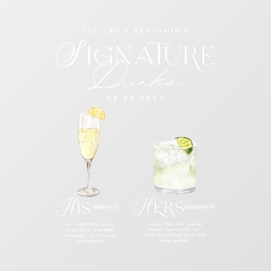 Waterverf Signature Drink Wedding Bar Sign Cling Raamsticker (Vel)
