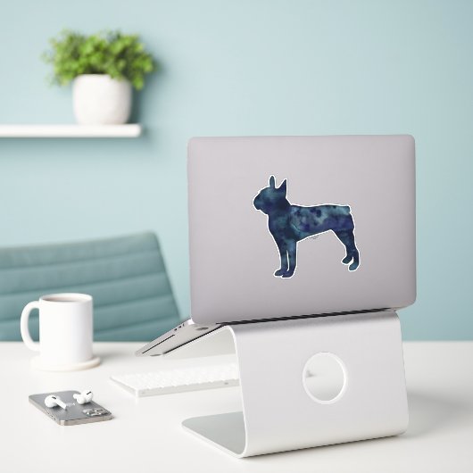 Waterverf Silhouette van Boston Terrier Black Sticker (Laptop op bureau)