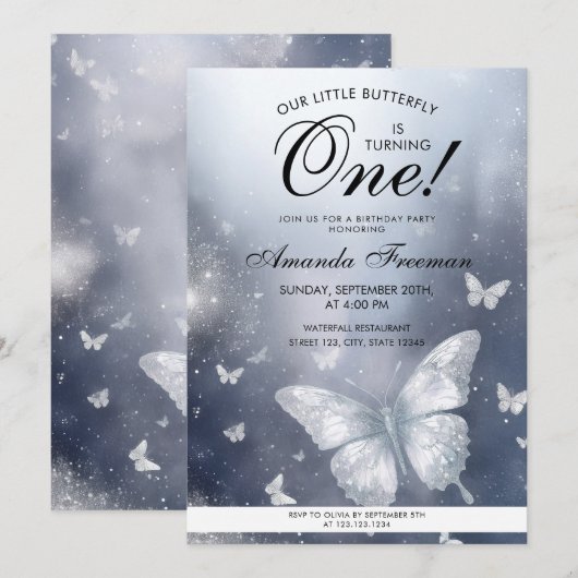 Waterverf Silver Glitter Butterfly 1e verjaardag Kaart (Voorkant / Achterkant)