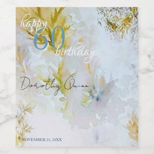 Waterverf Silver & Gold Leaves Verjaardagsfeestje Wijn Etiket (Enkel label)