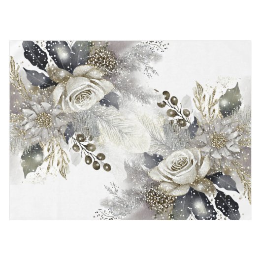 Waterverf Silver Golden White Roses Flowers Tafelkleed (Voorkant (Horizontaal))