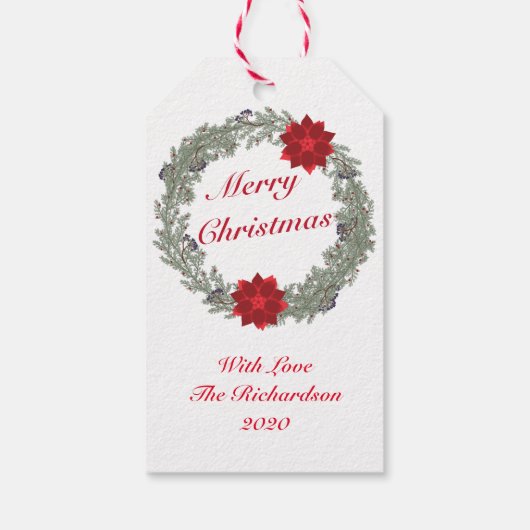 Waterverf Silver Red Kerstmis Wreath Poinsettia Cadeaulabel (Achterkant)