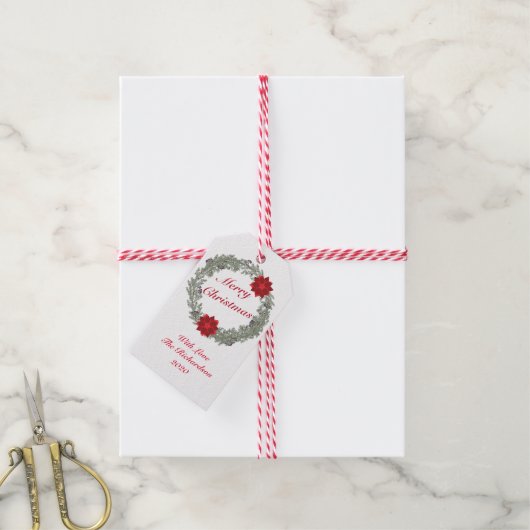 Waterverf Silver Red Kerstmis Wreath Poinsettia Cadeaulabel (Met Touw)