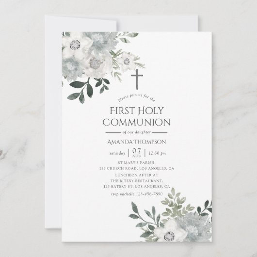 Waterverf Silver Sage Floral First Heilige Communi Kaart (Voorkant)