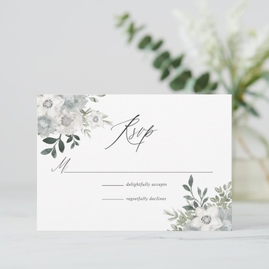 Waterverf Silver Sage Floral Wedding RSVP Kaartje (Staand voorkant)