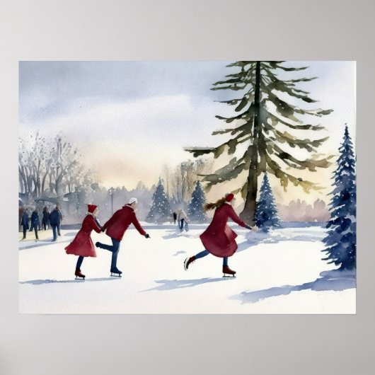 Waterverf Simplistic Schaatsen Wintervijver Poster (Voorkant)