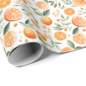 Waterverf Sinaasappel & Bladeren op Wit Cadeaupapier (Rol Hoek)