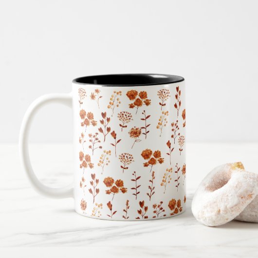 Waterverf Sinaasappel Bloem Bloemen Boho Tweekleurige Koffiemok (Met donut)