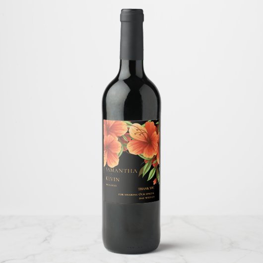 Waterverf Sinaasappel Bloemenbruiloft Dank u Wijn Etiket (Voorkant)