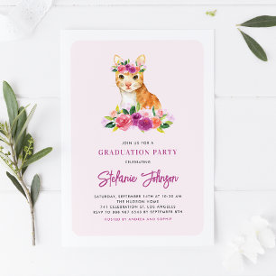 Waterverf Sinaasappel Cat Purple Flowers Afstudere Kaart