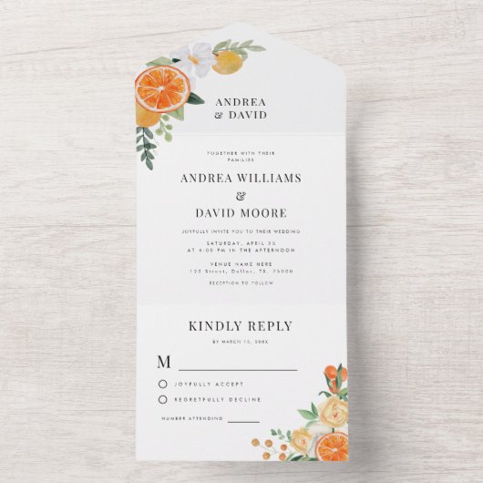 Waterverf Sinaasappel Citrus bloesem bruiloft All In One Uitnodiging (Binnen)