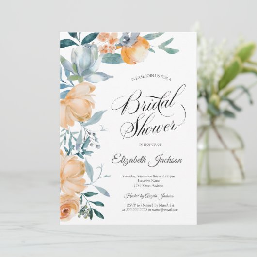 Waterverf Sinaasappel Dusty Blue Flowers Vrijgezel Kaart (Staand voorkant)