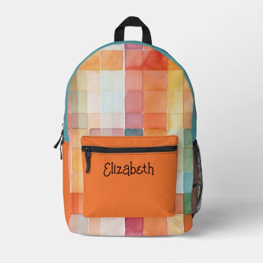 Waterverf Sinaasappel en Blauwgroen Plaid Bedrukte Rugzak (Voorkant)