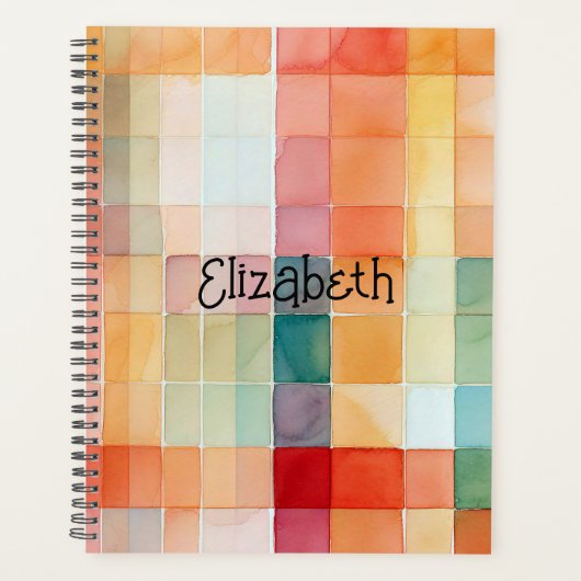 Waterverf Sinaasappel en Blauwgroen Plaid Planner (Voorkant)