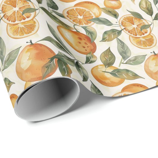 Waterverf Sinaasappel en Leaf Naadloos Patroon Cadeaupapier (Rol Hoek)
