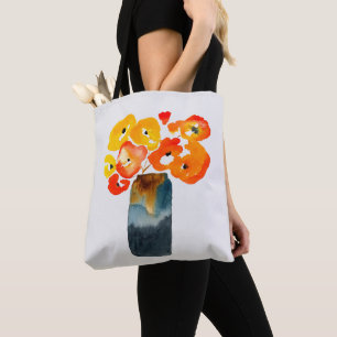 Waterverf sinaasappel en rode klaprozen tote bag