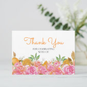 Waterverf Sinaasappel en Roze Bloemen Dank u Kaart (Staand voorkant)