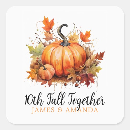 Waterverf Sinaasappel en Witte Pompoen Paar Herfst Vierkante Sticker (Voorkant)