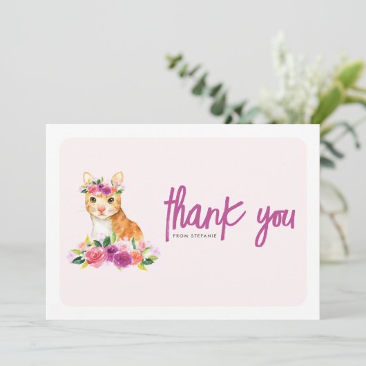 Waterverf Sinaasappel Kat en Paarse Bloemen Verjaa Bedankkaart (Staand voorkant)