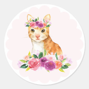 Waterverf Sinaasappel Kat en Purple Flowers Dog Ronde Sticker