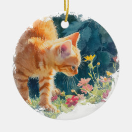 WATERVERF SINAASAPPEL TABBY MET VOORJAARSBLOEMEN KERAMISCH ORNAMENT