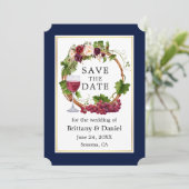 Waterverf sinaasappeldruiven, met blauw save the date (Staand voorkant)