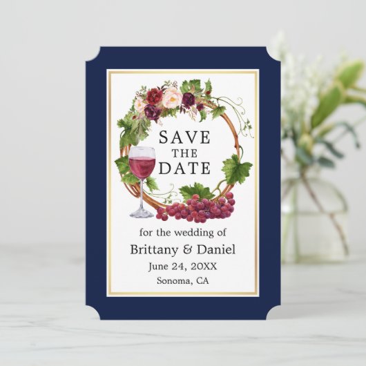 Waterverf sinaasappeldruiven, met blauw save the date (Staand voorkant)