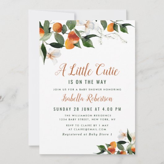 waterverf sinaasappels baby shower Uitnodiging (Voorkant)