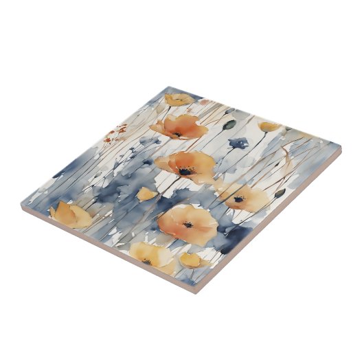 Waterverf Sinaasappels Bloemen Blauw Indigo Design Tegeltje (Zijkant)