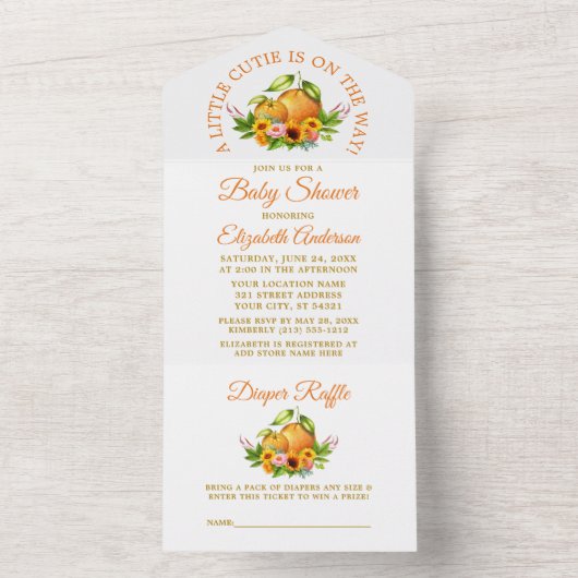 Waterverf Sinaasappels Bloemen Kleine Cutie Douche All In One Uitnodiging (Binnen)