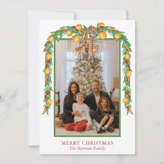 Waterverf Sinaasappels Bow Garland Kerstmis Foto Feestdagenkaart (Voorkant)