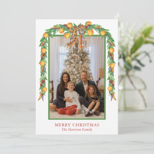 Waterverf Sinaasappels Bow Garland Kerstmis Foto Feestdagenkaart (Staand voorkant)