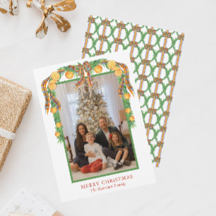 Waterverf Sinaasappels Bow Garland Kerstmis Foto Feestdagenkaart