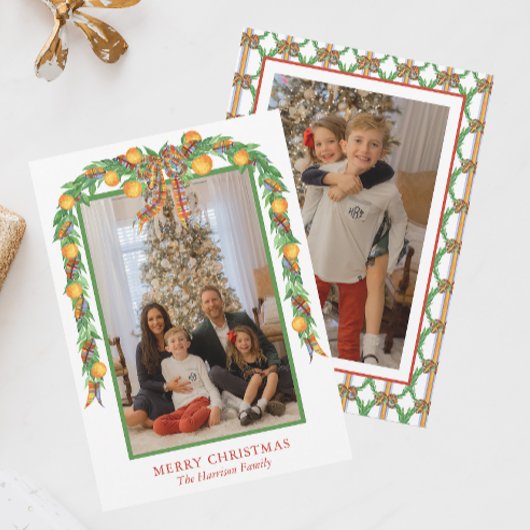 Waterverf Sinaasappels Bow Garland Kerstmis Foto Feestdagenkaart
