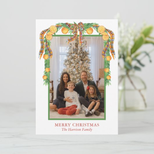 Waterverf Sinaasappels Bow Garland Kerstmis Foto Feestdagenkaart (Staand voorkant)