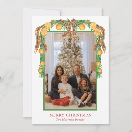 Waterverf Sinaasappels Bow Garland Kerstmis Foto Feestdagenkaart (Voorkant)
