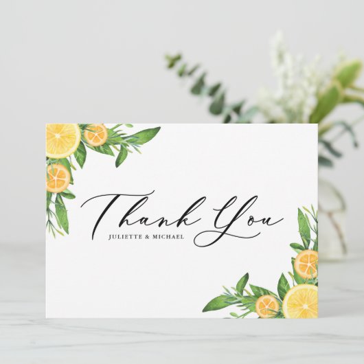 Waterverf Sinaasappels en Lemons Summer Wedding Bedankkaart (Staand voorkant)