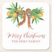 Waterverf Sinaasappels Plaid Bow Christmas Kartonnen Onderzetters (Voorkant)