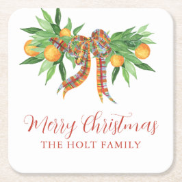 Waterverf Sinaasappels Plaid Bow Christmas Kartonnen Onderzetters