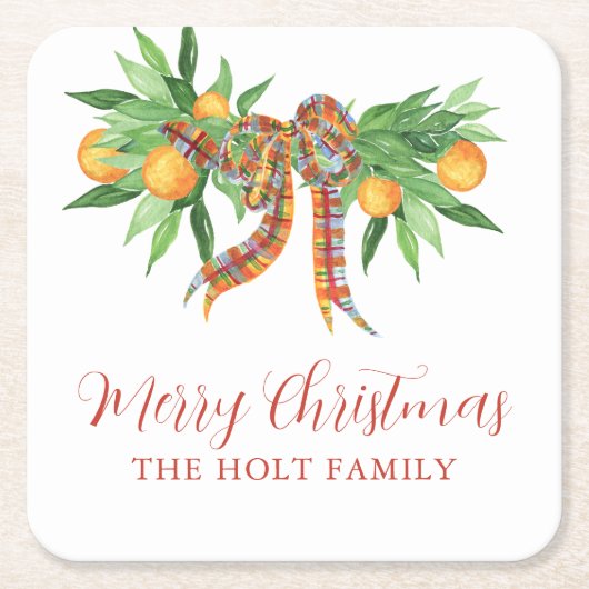 Waterverf Sinaasappels Plaid Bow Christmas Kartonnen Onderzetters (Voorkant)
