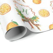 Waterverf Sinaasappels Plaid Bow Christmas Monogra Cadeaupapier (Rol Hoek)