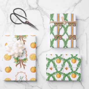 Waterverf Sinaasappels Plaid Bow Christmas Monogra Inpakpapier Vel