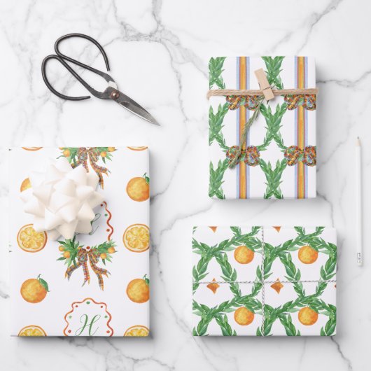 Waterverf Sinaasappels Plaid Bow Christmas Monogra Inpakpapier Vel (Voorkant)