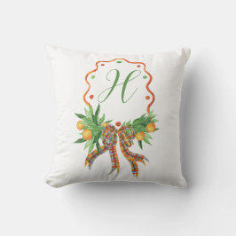 Waterverf Sinaasappels Plaid Bow Christmas Monogra Kussen