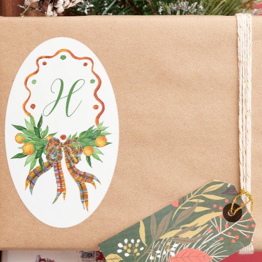 Waterverf Sinaasappels Plaid Bow Christmas Monogra Ovale Sticker