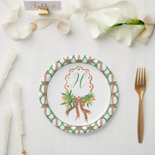 Waterverf Sinaasappels Plaid Bow Christmas Monogra Papieren Bordje (Huwelijk)