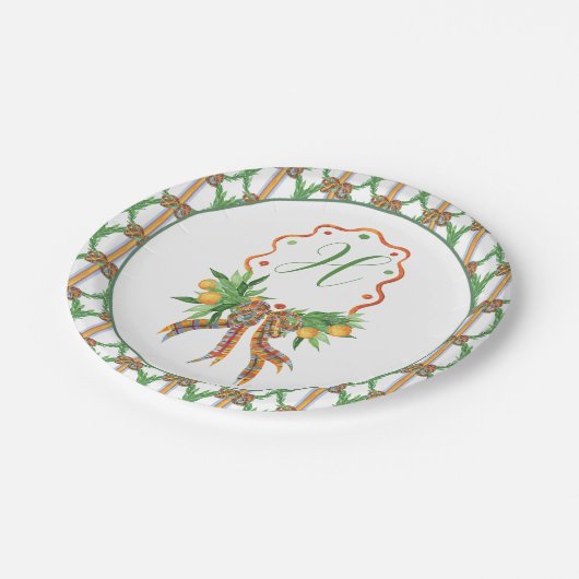 Waterverf Sinaasappels Plaid Bow Christmas Monogra Papieren Bordje (Gekanteld)