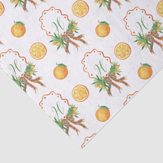 Waterverf Sinaasappels Plaid Bow Christmas Monogra Tissuepapier (Detail)